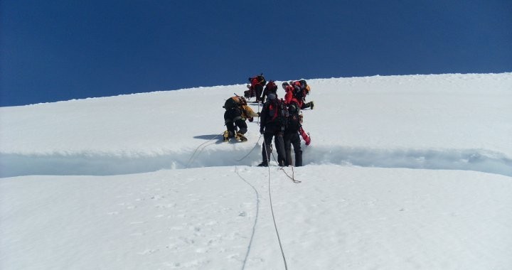 Crossing a crevice in Vatnajokull glacier.