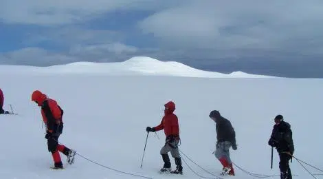 Using safety lines while hiking to Mt. Hvannadalshnjukur in Iceland