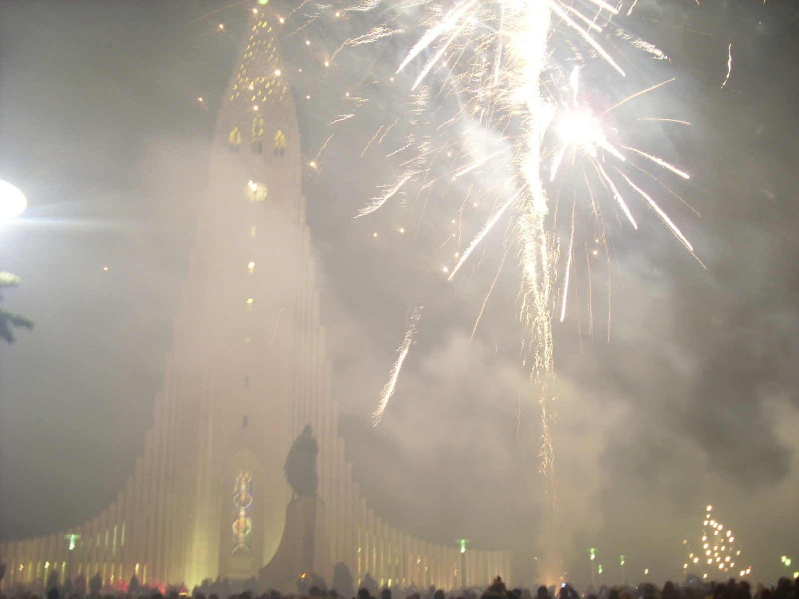 Fireworks in front of the Hallgrímskirkja Cathedral in Reykjavik, Iceland