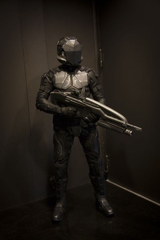 A soldier from the First Person Shooter Dust 514 which is a part of the EVE online universe.