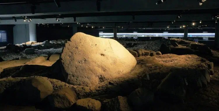 A big boulder from the foundation of the viking hall - the hall itself is in the background.