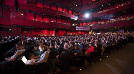 The impressive Eldborg auditorium at the Harpa Concert Hall is filled with EVE Online fans. 