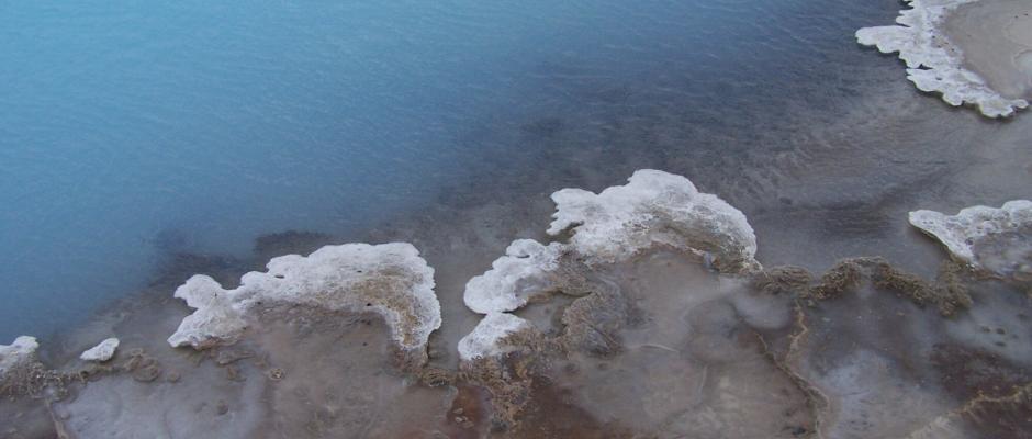 The blue clear water of the geothermal pools at Landmannalaugar.