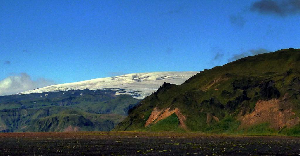 Hafursey mountain. Mýrdalsjökull glacier in the background. The monster volcano Katla sleeps restlessly underneath.