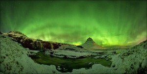 Like fireworks the northern lights light up the sky above Kirkjufell.