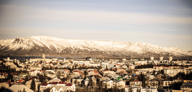 Reykjavik houses with Mt. Esja in the background