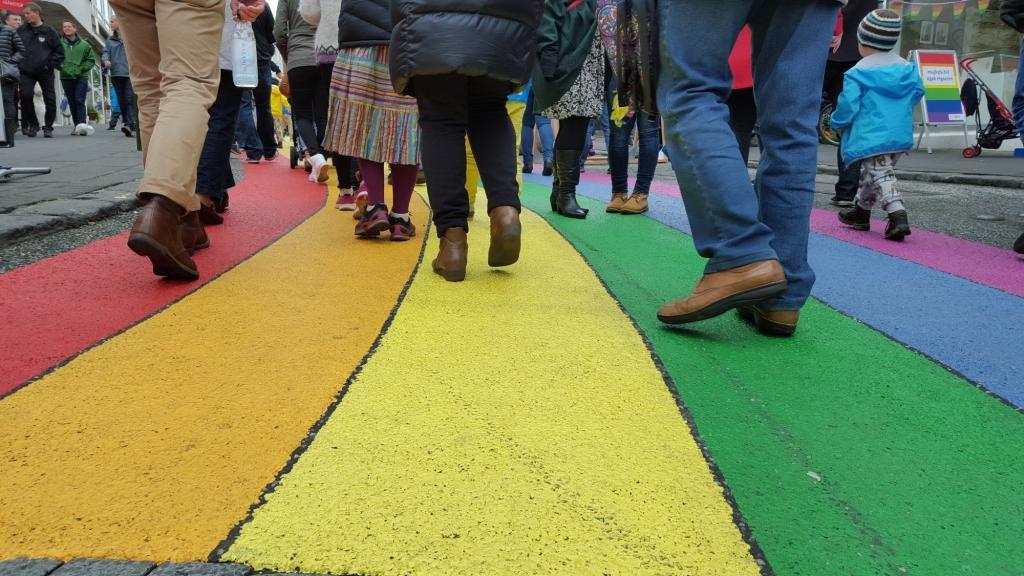 Skolavordustigur Street is rainbow colored for Reykjavik Pride. 