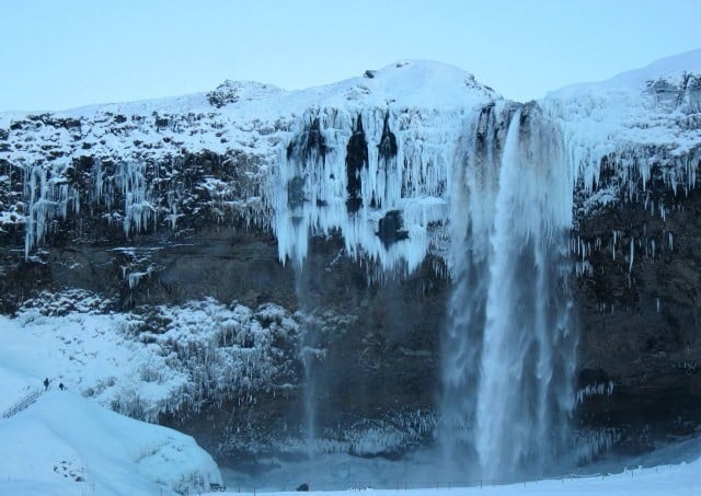 Frozen Seljalandsfoss waterfall.