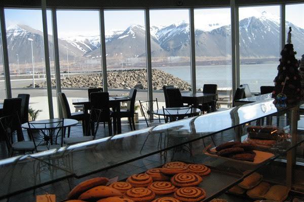 Geirabakarí is a nice café in Borgarnes and a nice view . Notice the cinnamon rolls in the foreground. They are to die for.