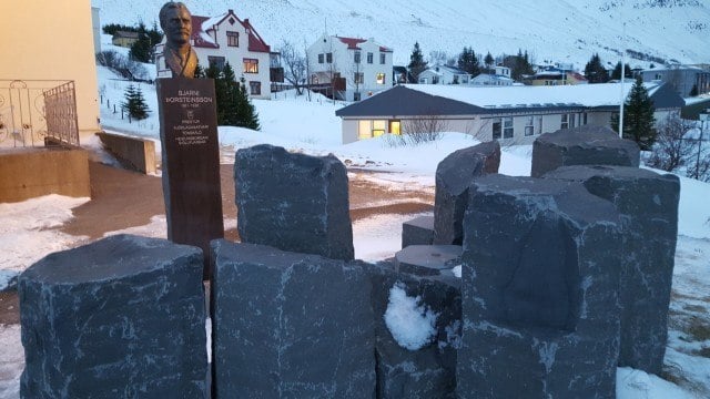 Memorial to the priest, folk song collector and scholar Bjarni Þorsteinsson.