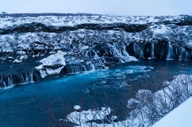 Hraunfossar waterfalls in winter.