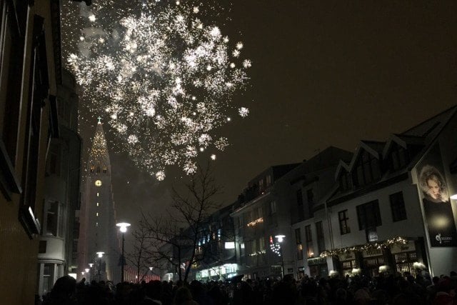 Insane fireworks over Hallgrimskirkja Cathedral on New Year's Eve in Reykjavik