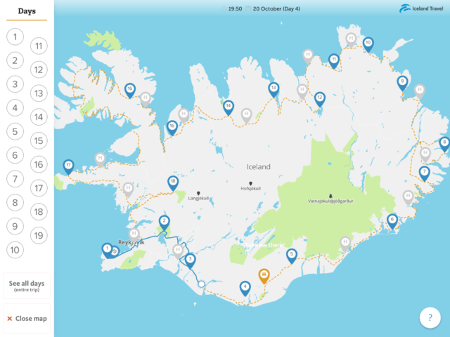 The Iceland Travel Companion shows you your road trip in Iceland.