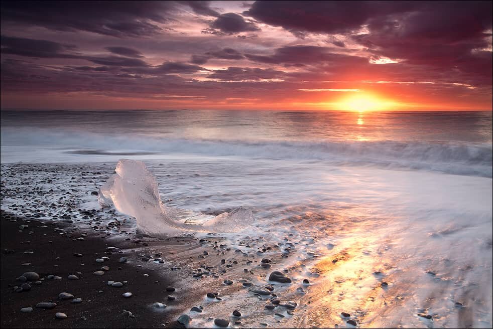 Sunrise at Diamond Beach in Iceland or Breidamerkursandur. Photo by Martin Schulz.