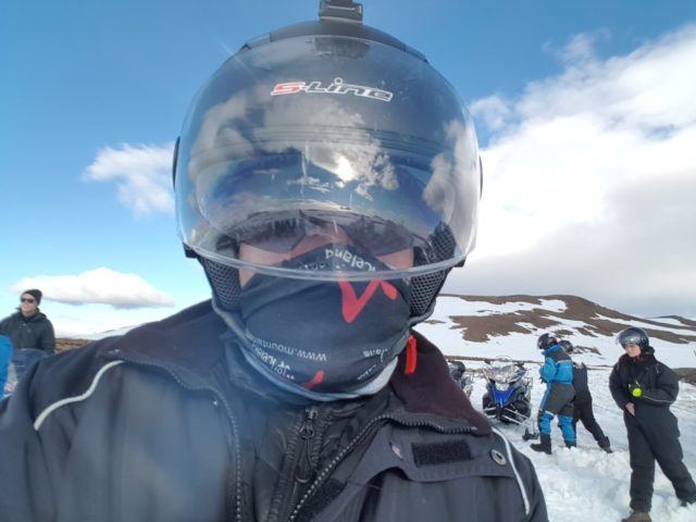 Captain Slow is ready to take on Langjökull Glacier on his snowmobile.