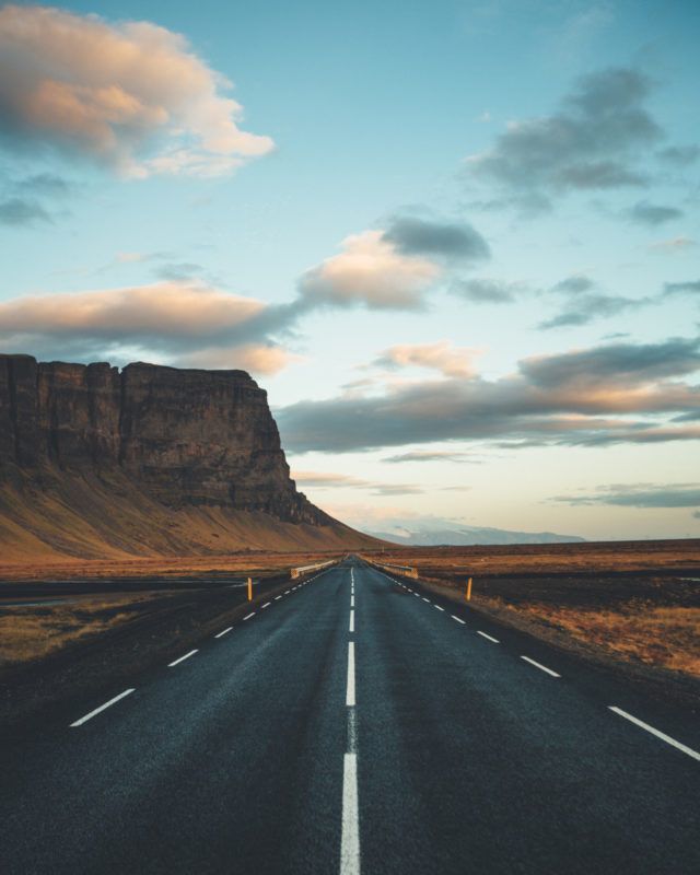 Lomagnupur Mountain and the highway in South Iceland.