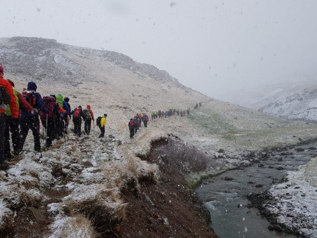 A group of people hiking in Iceland.