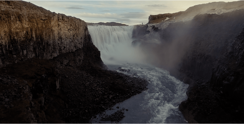 At the mighty Dettifoss waterfall, North Iceland (frame from the short film Where Trees Don´t Go).