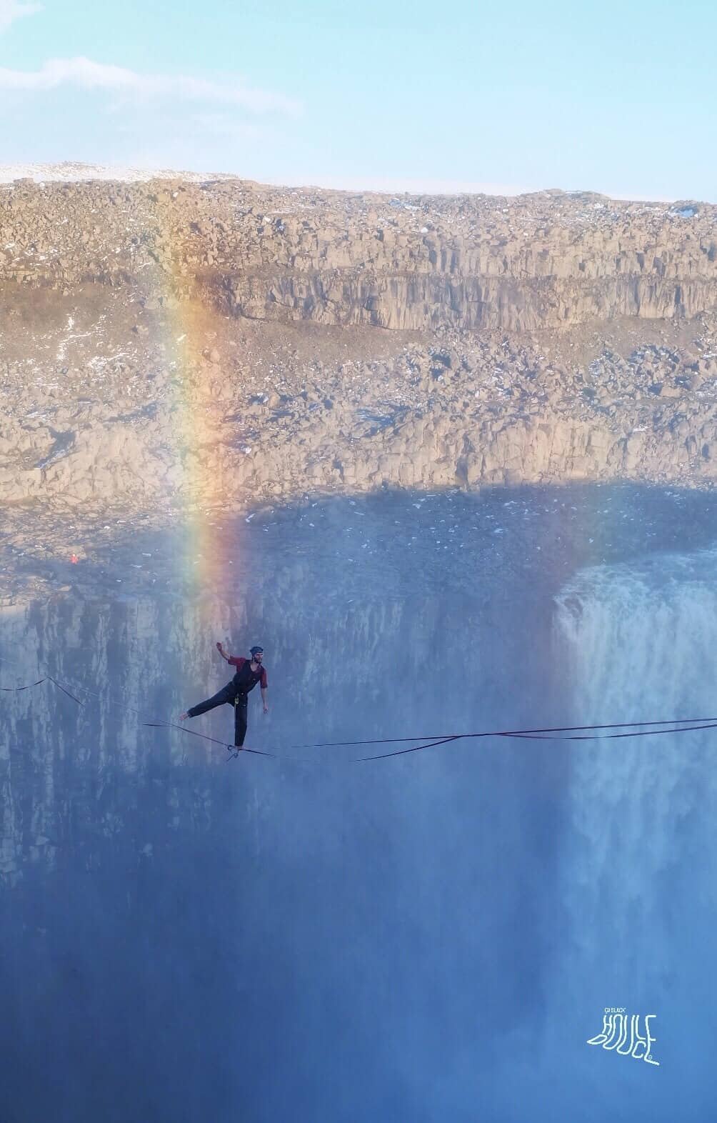 Slacklining above Dettifoss waterfall in Iceland.