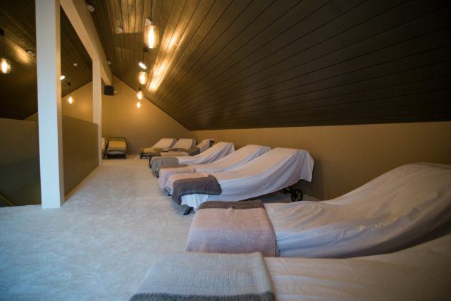 Relaxing benches at the beer spa in Iceland.