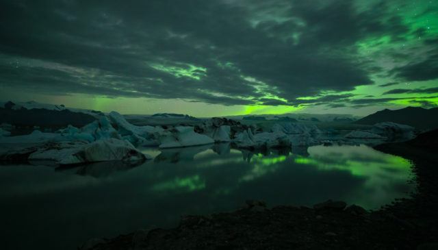 Aurora over Jökulsárlón Glacier Lagoon, Iceland. 