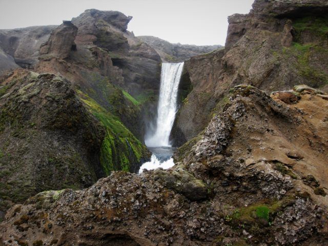 A waterfall in Skógá river on the Fimmvörðuháls Hiking Trail.