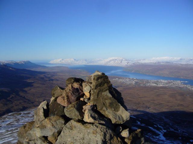 The view from Mt. Súlur above the town of Akureyri.