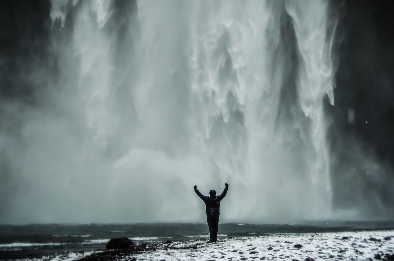 Man by the Skógafoss Waterfall.