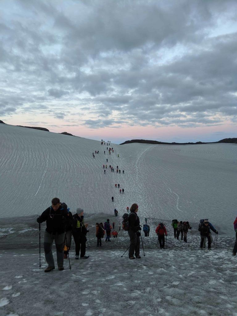 Passing Bröttufönn on the Fimmvörðuháls hiking trail