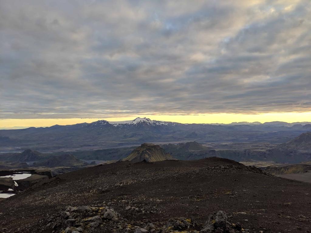 The view from above Heljarkambur toward Þórsmörk. Tindfjöll and Tindfjalla glacier in the middle distance. 