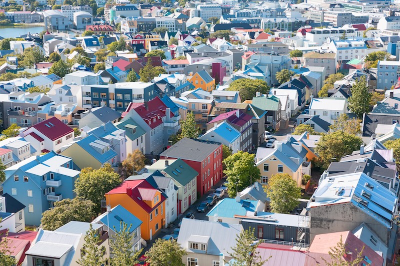 Aerial view of the colorful houses of the old town of Reykjavik.