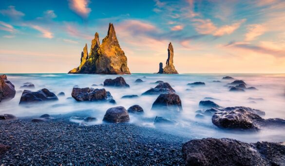 Sea stacks at the stunning Reynisfjara beach on the south coast of Iceland.