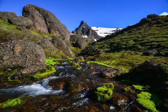 The boulders, peaks and crystal clear rivers and lakes of magical Stórurð valley, East Fjords, Iceland