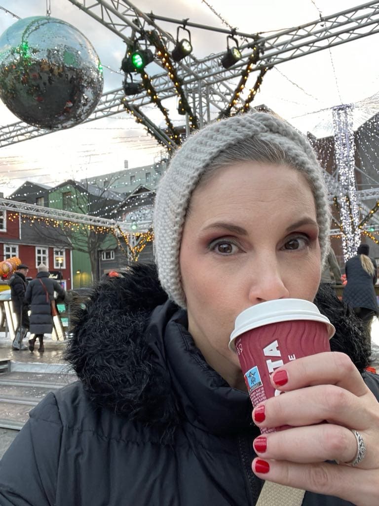 Paula Gould enjoying a good cup of mulled wine in Reykjavik during the Christmas advent.