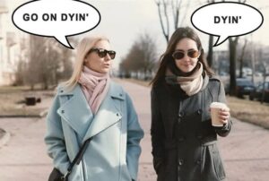 Two young women walking with coffee talking Icelandic.