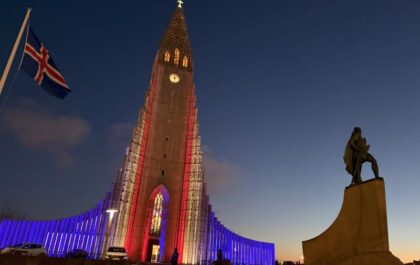 Hallgrímskirkja cathedral in Reykjavik in twilight.