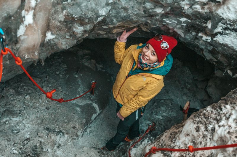 Exploring in the ice cave.