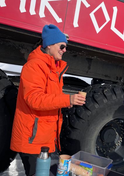 Here is Silke in the wild, serving hot drinks to guests in the deep freeze at Langjökull glacier.